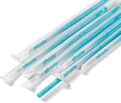 Multiple white straws with blue text on a white background