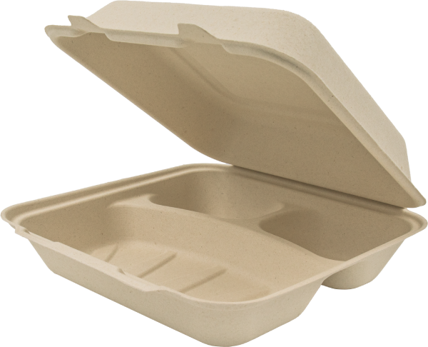 Beige biodegradable food container with a lid on a white background