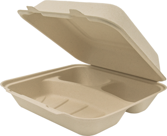 Beige biodegradable food container with a lid on a white background