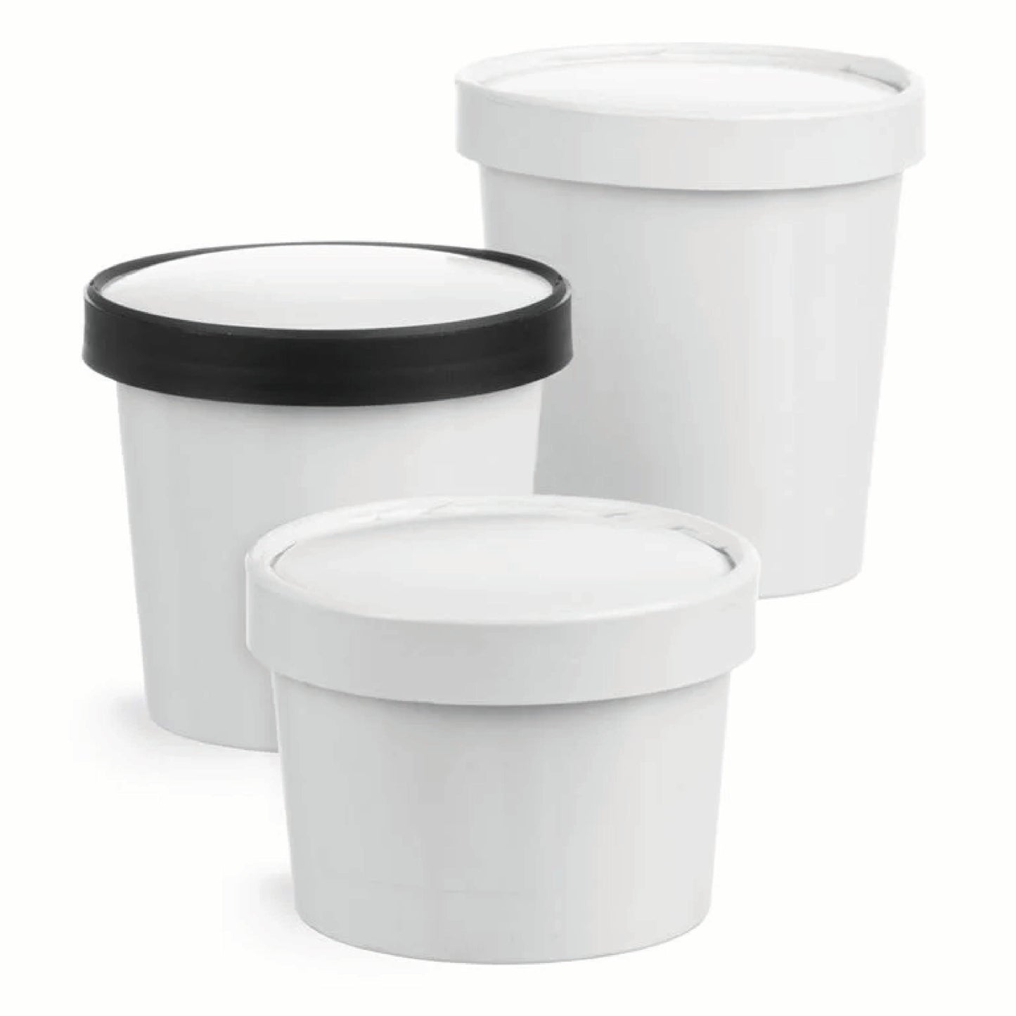 3 white paper soup containers with lids