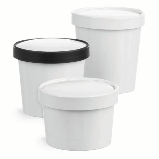 3 white paper soup containers with lids